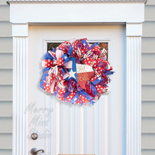 Patriotic wreath, Texas, state, God bless, everyday, merrymindstudio W04231C