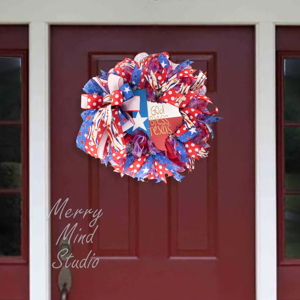 Patriotic wreath, Texas, state, God bless, everyday, merrymindstudio W04231C