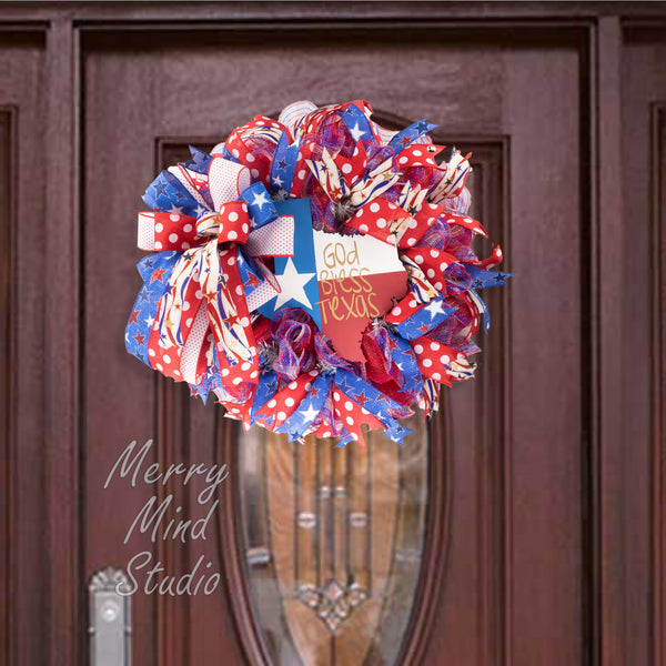 Patriotic wreath, Texas, state, God bless, everyday, merrymindstudio W04231C