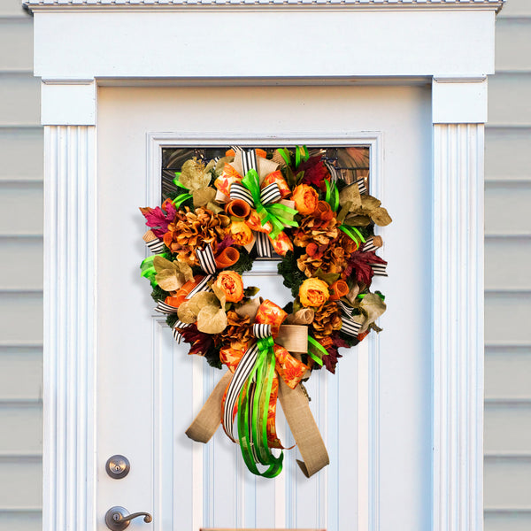 Floral wreath, elegant, evergreen, flowers, peonies, hydrangea, Autumn, fall, maple leaves, 26", door hanger, unique, decor W09221A