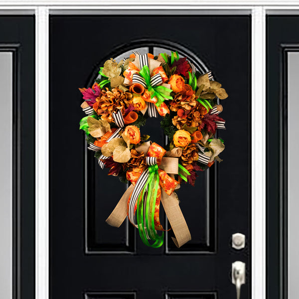 Floral wreath, elegant, evergreen, flowers, peonies, hydrangea, Autumn, fall, maple leaves, 26", door hanger, unique, decor W09221A