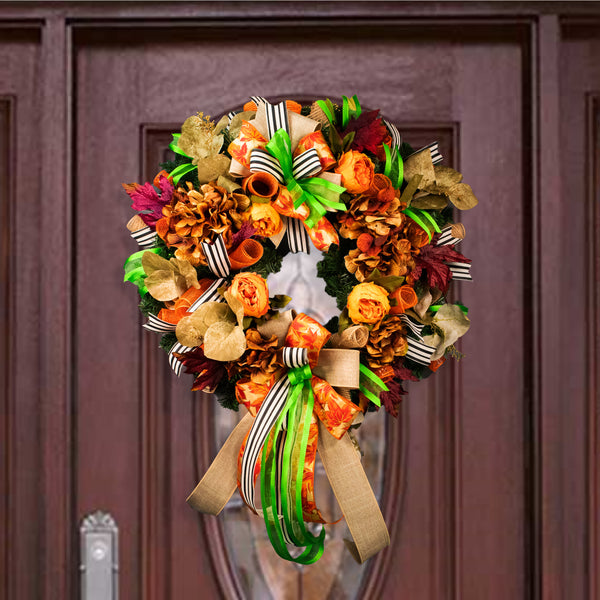 Floral wreath, elegant, evergreen, flowers, peonies, hydrangea, Autumn, fall, maple leaves, 26", door hanger, unique, decor W09221A