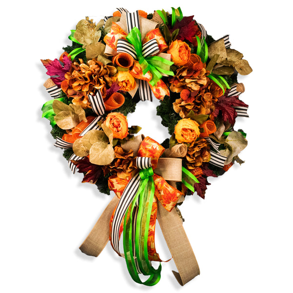 Floral wreath, elegant, evergreen, flowers, peonies, hydrangea, Autumn, fall, maple leaves, 26", door hanger, unique, decor W09221A