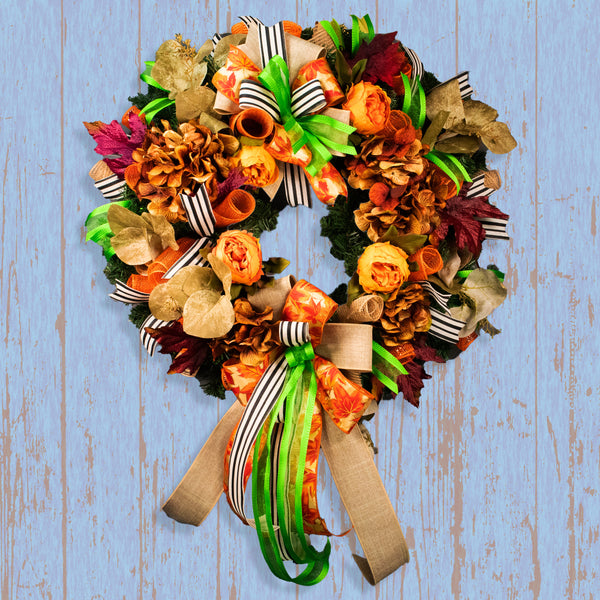 Floral wreath, elegant, evergreen, flowers, peonies, hydrangea, Autumn, fall, maple leaves, 26", door hanger, unique, decor W09221A