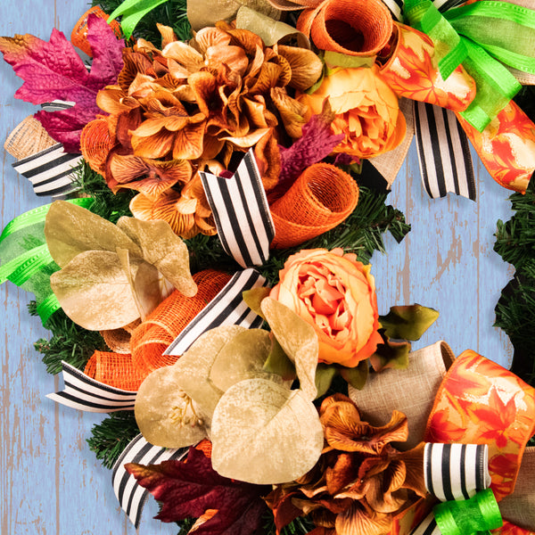 Floral wreath, elegant, evergreen, flowers, peonies, hydrangea, Autumn, fall, maple leaves, 26", door hanger, unique, decor W09221A