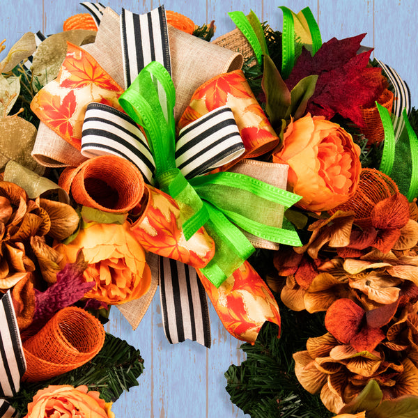 Floral wreath, elegant, evergreen, flowers, peonies, hydrangea, Autumn, fall, maple leaves, 26", door hanger, unique, decor W09221A