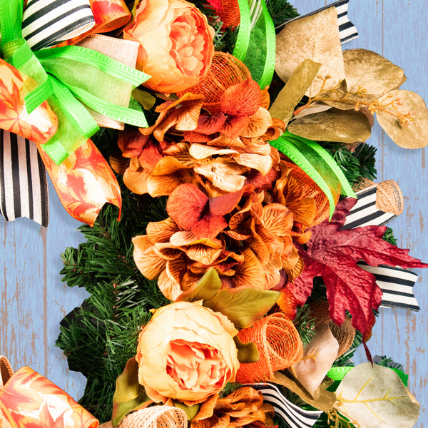 Floral wreath, elegant, evergreen, flowers, peonies, hydrangea, Autumn, fall, maple leaves, 26", door hanger, unique, decor W09221A