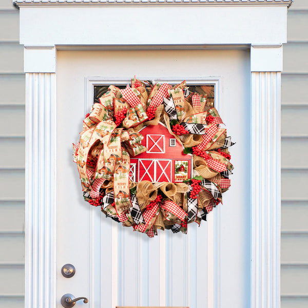 Christmas wreath, red barn, berries, door, hanger, holiday, large, 26" diameter, 10" depth. W09231A