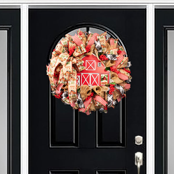 Christmas wreath, red barn, berries, door, hanger, holiday, large, 26" diameter, 10" depth. W09231A