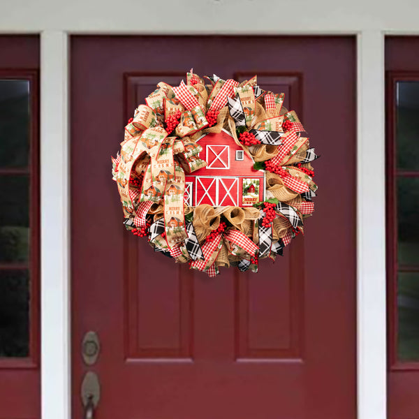 Christmas wreath, red barn, berries, door, hanger, holiday, large, 26" diameter, 10" depth. W09231A