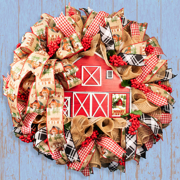 Christmas wreath, red barn, berries, door, hanger, holiday, large, 26" diameter, 10" depth. W09231A