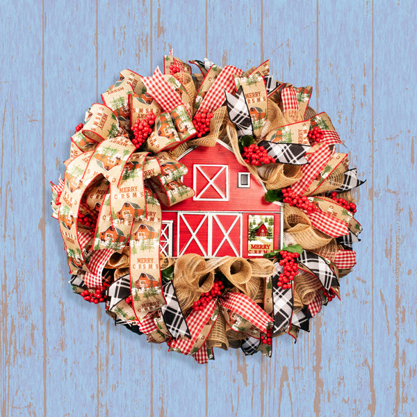 Christmas wreath, red barn, berries, door, hanger, holiday, large, 26" diameter, 10" depth. W09231A