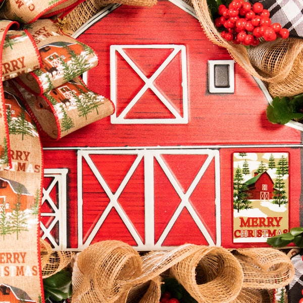 Christmas wreath, red barn, berries, door, hanger, holiday, large, 26" diameter, 10" depth. W09231A