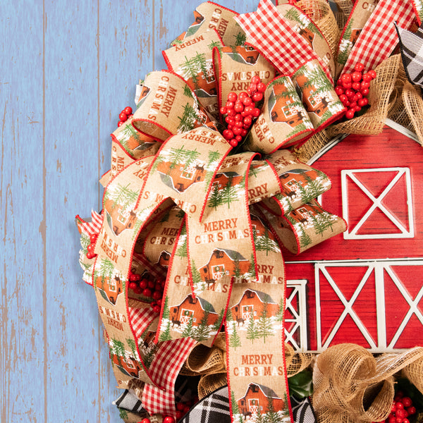 Christmas wreath, red barn, berries, door, hanger, holiday, large, 26" diameter, 10" depth. W09231A