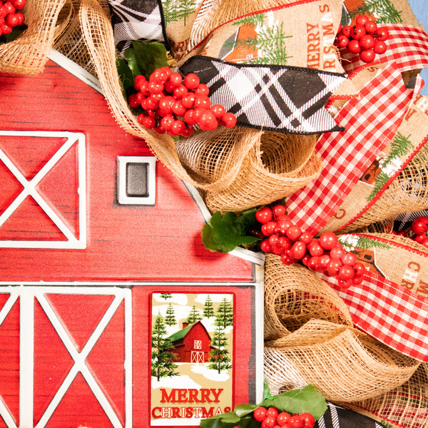 Christmas wreath, red barn, berries, door, hanger, holiday, large, 26" diameter, 10" depth. W09231A