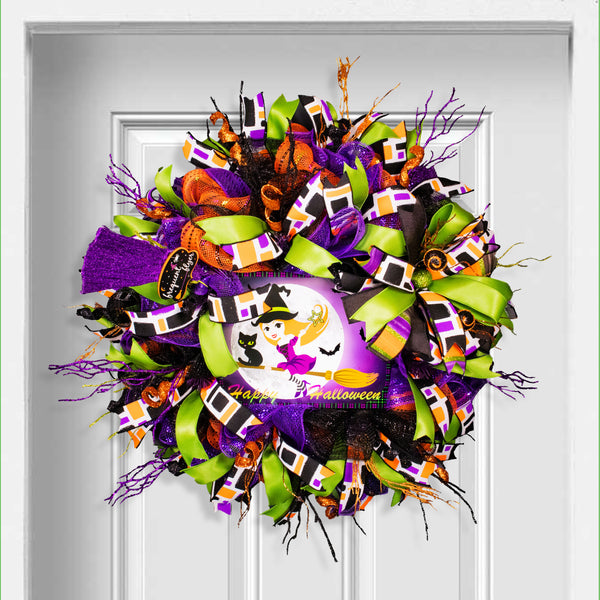 Halloween wreath, witch wreath, front door wreath, black cat, broom stick, large 28",  door hanger, wall, or hearth.  W20612A
