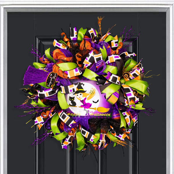 Halloween wreath, witch wreath, front door wreath, black cat, broom stick, large 28",  door hanger, wall, or hearth.  W20612A