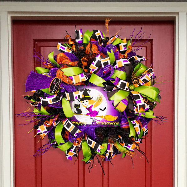 Halloween wreath, witch wreath, front door wreath, black cat, broom stick, large 28",  door hanger, wall, or hearth.  W20612A