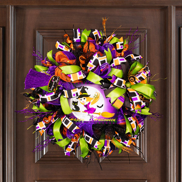 Halloween wreath, witch wreath, front door wreath, black cat, broom stick, large 28",  door hanger, wall, or hearth.  W20612A