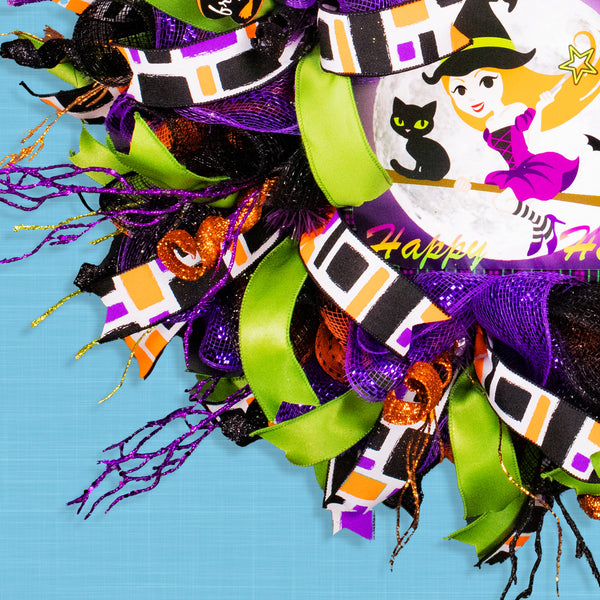 Halloween wreath, witch wreath, front door wreath, black cat, broom stick, large 28",  door hanger, wall, or hearth.  W20612A