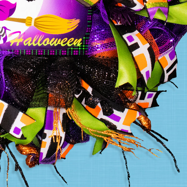 Halloween wreath, witch wreath, front door wreath, black cat, broom stick, large 28",  door hanger, wall, or hearth.  W20612A