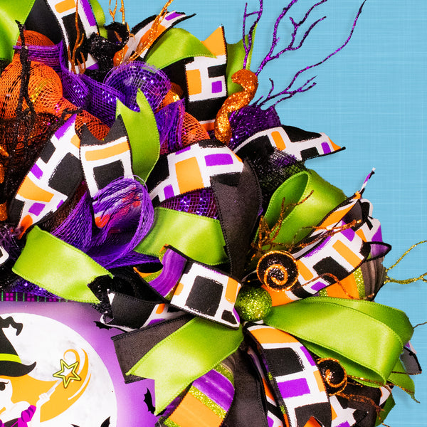 Halloween wreath, witch wreath, front door wreath, black cat, broom stick, large 28",  door hanger, wall, or hearth.  W20612A