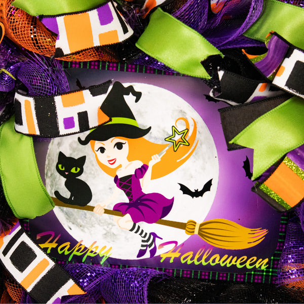 Halloween wreath, witch wreath, front door wreath, black cat, broom stick, large 28",  door hanger, wall, or hearth.  W20612A