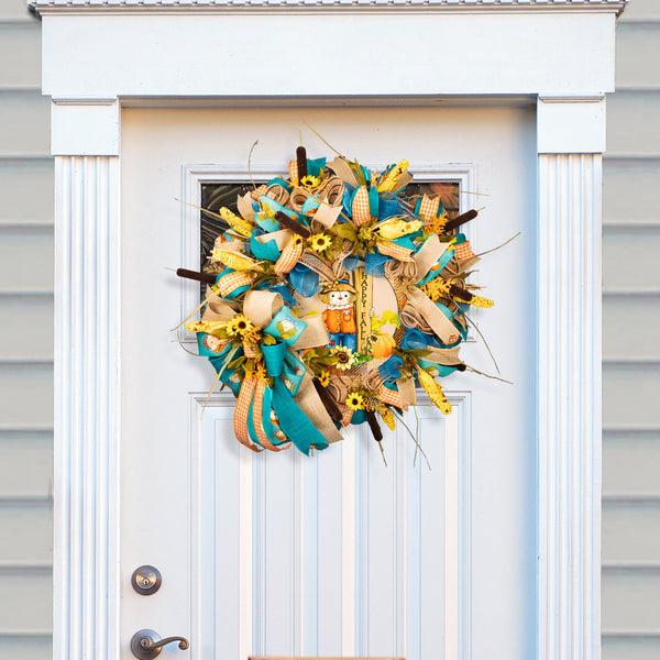 Autumn wreath, Scarecrow wreath, Happy Fall, farmhouse, 26" diameter, 10" deep, everyday, decor, door hanger. W10021A