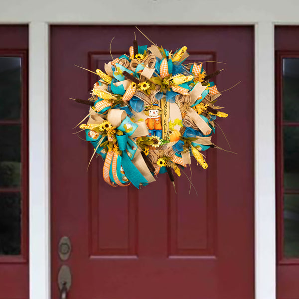 Autumn wreath, Scarecrow wreath, Happy Fall, farmhouse, 26" diameter, 10" deep, everyday, decor, door hanger. W10021A