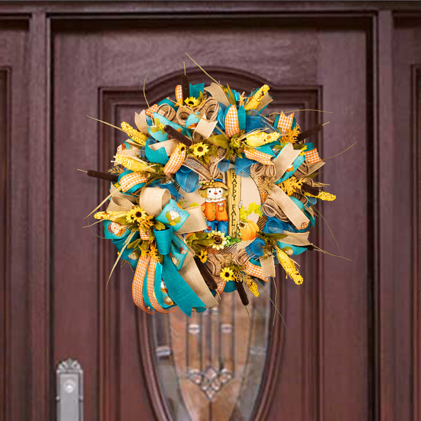 Autumn wreath, Scarecrow wreath, Happy Fall, farmhouse, 26" diameter, 10" deep, everyday, decor, door hanger. W10021A