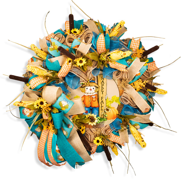 Autumn wreath, Scarecrow wreath, Happy Fall, farmhouse, 26" diameter, 10" deep, everyday, decor, door hanger. W10021A
