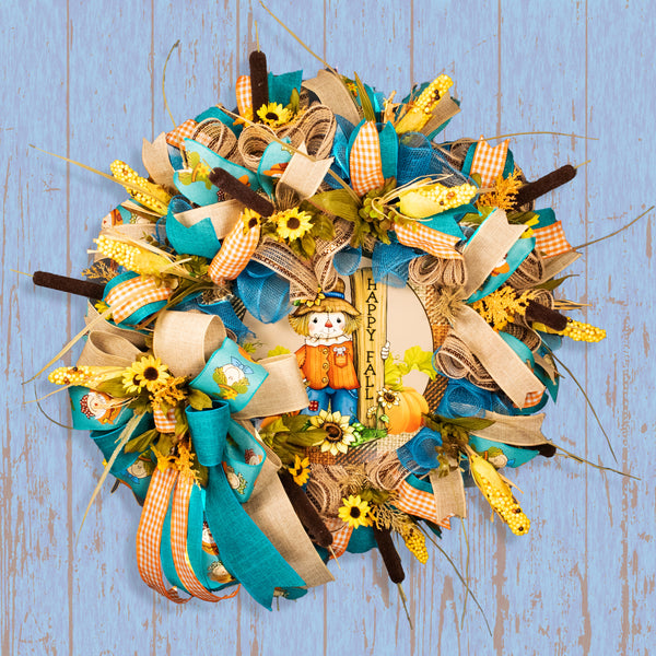 Autumn wreath, Scarecrow wreath, Happy Fall, farmhouse, 26" diameter, 10" deep, everyday, decor, door hanger. W10021A