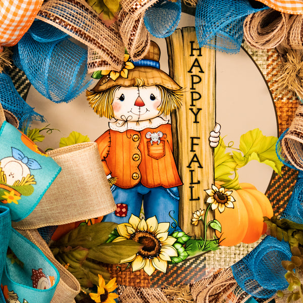 Autumn wreath, Scarecrow wreath, Happy Fall, farmhouse, 26" diameter, 10" deep, everyday, decor, door hanger. W10021A