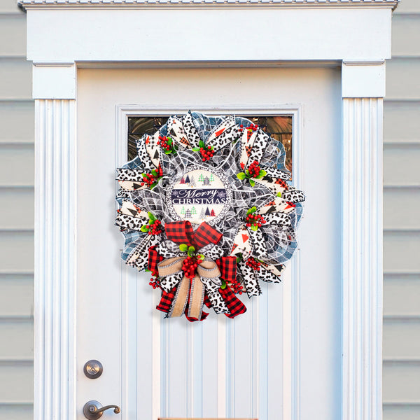 Christmas wreath, Christmas trees, leopard pattern, elegant red, black, and white, door, hanger, holiday, large, 26". W11171A