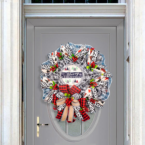 Christmas wreath, Christmas trees, leopard pattern, elegant red, black, and white, door, hanger, holiday, large, 26". W11171A