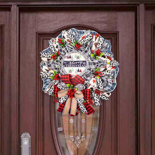 Christmas wreath, Christmas trees, leopard pattern, elegant red, black, and white, door, hanger, holiday, large, 26". W11171A