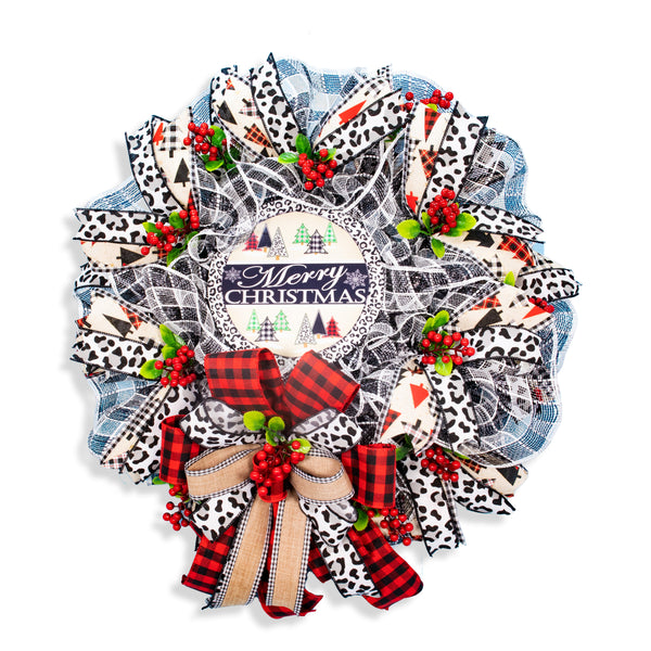 Christmas wreath, Christmas trees, leopard pattern, elegant red, black, and white, door, hanger, holiday, large, 26". W11171A