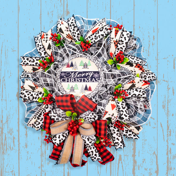 Christmas wreath, Christmas trees, leopard pattern, elegant red, black, and white, door, hanger, holiday, large, 26". W11171A