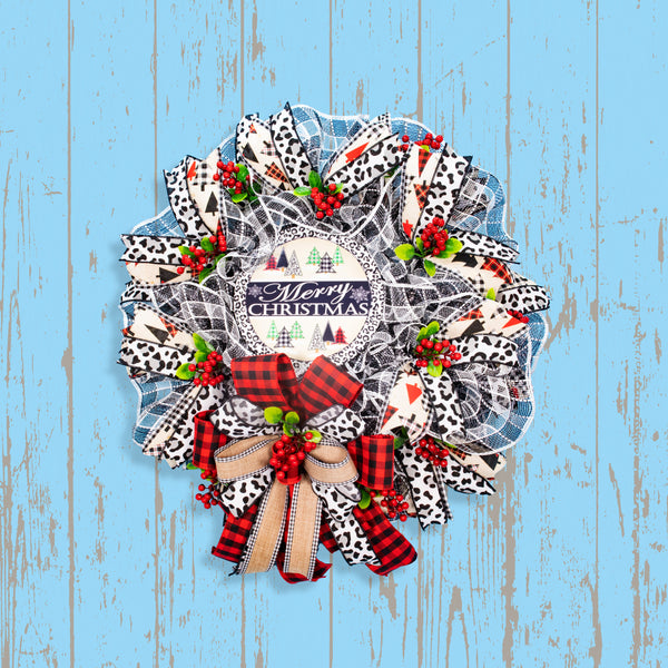 Christmas wreath, Christmas trees, leopard pattern, elegant red, black, and white, door, hanger, holiday, large, 26". W11171A