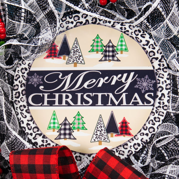 Christmas wreath, Christmas trees, leopard pattern, elegant red, black, and white, door, hanger, holiday, large, 26". W11171A