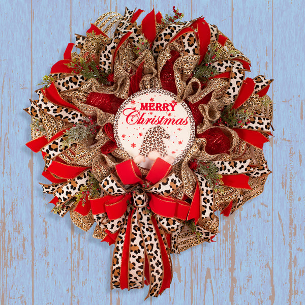 Christmas wreath, gnome wreath, leopard print wreath, door hanger, holiday decor, large, 27". W11251A