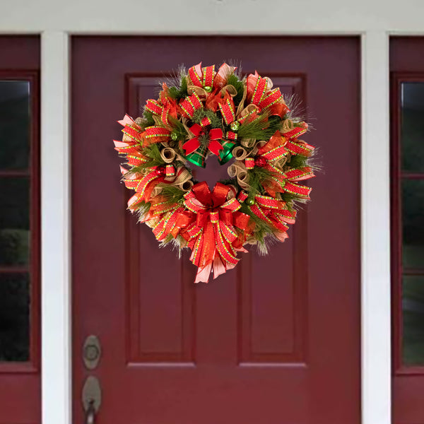 Christmas wreath, bell wreath, front door wreath, elegant red, gold. and green, door, hanger, holiday, large, 26" diameter. W11281A