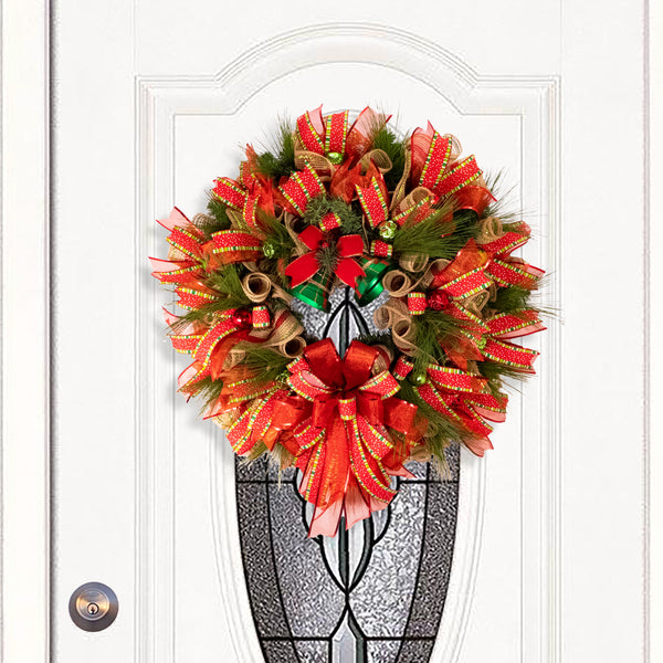 Christmas wreath, bell wreath, front door wreath, elegant red, gold. and green, door, hanger, holiday, large, 26" diameter. W11281A