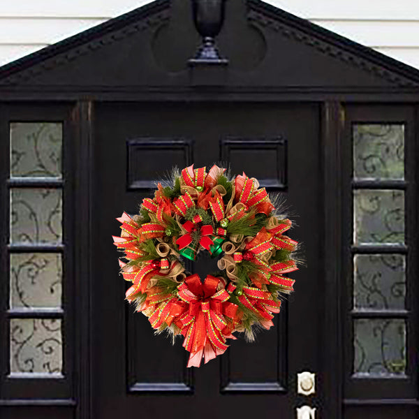 Christmas wreath, bell wreath, front door wreath, elegant red, gold. and green, door, hanger, holiday, large, 26" diameter. W11281A