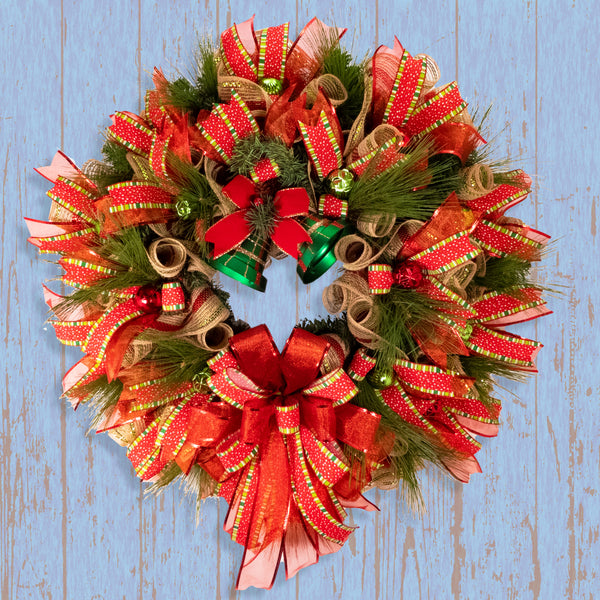 Christmas wreath, bell wreath, front door wreath, elegant red, gold. and green, door, hanger, holiday, large, 26" diameter. W11281A
