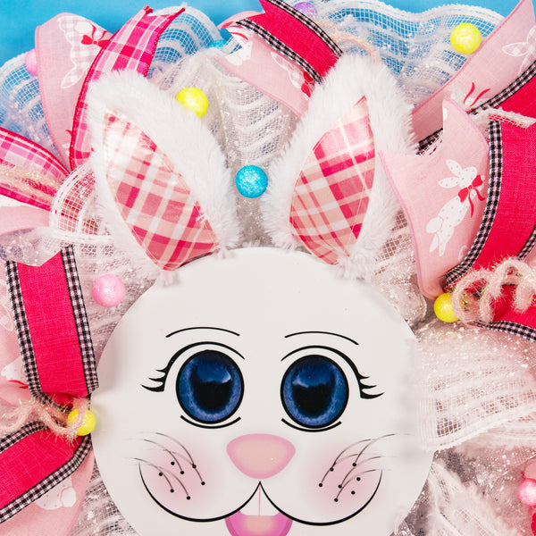Easter wreath, bunny wreath, bunny face, plush ears, front door wreath, door hanger, 24"  W20227A