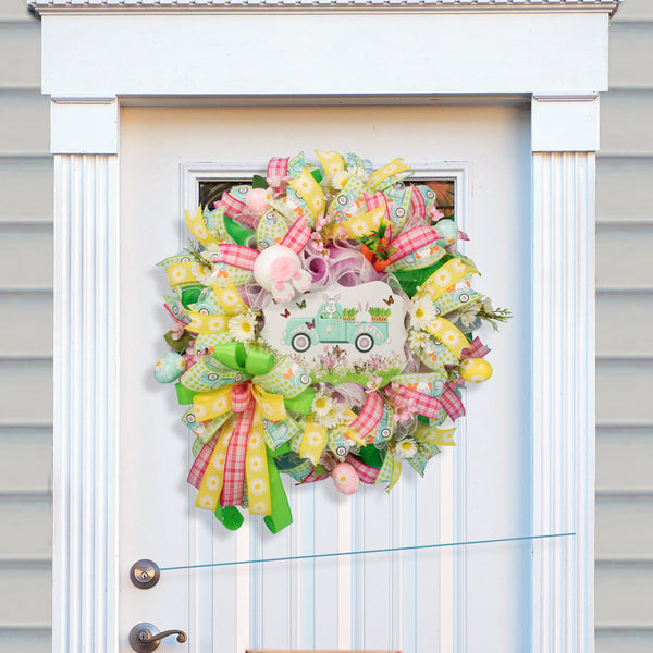Easter wreath, bunny, pickup, truck, wreath, floral, front door, door hanger, Easter eggs, spring 24". W20307A