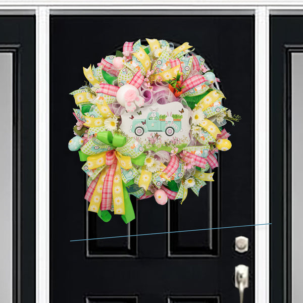 Easter wreath, bunny, pickup, truck, wreath, floral, front door, door hanger, Easter eggs, spring 24". W20307A