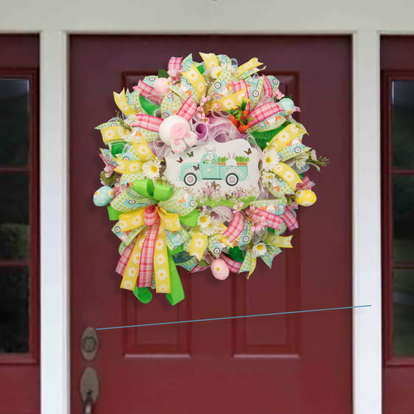 Easter wreath, bunny, pickup, truck, wreath, floral, front door, door hanger, Easter eggs, spring 24". W20307A