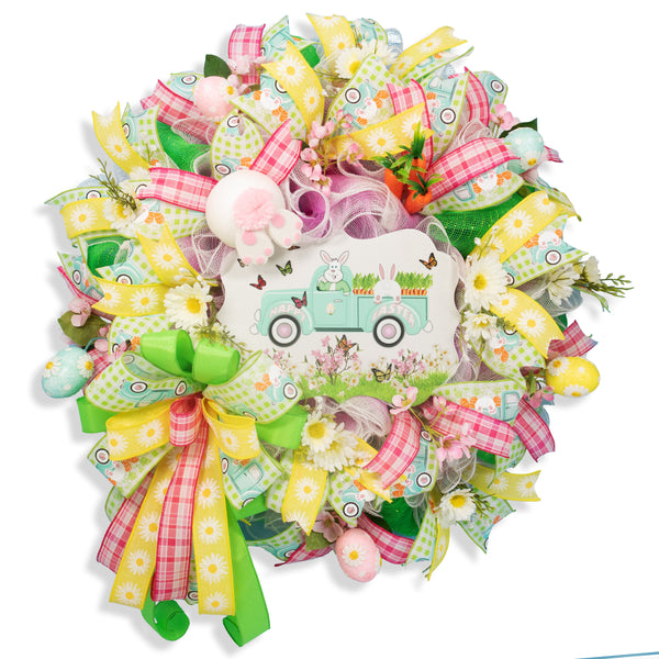 Easter wreath, bunny, pickup, truck, wreath, floral, front door, door hanger, Easter eggs, spring 24". W20307A